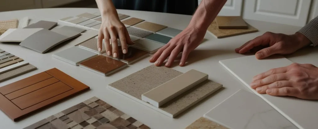Hands selecting countertop material samples.